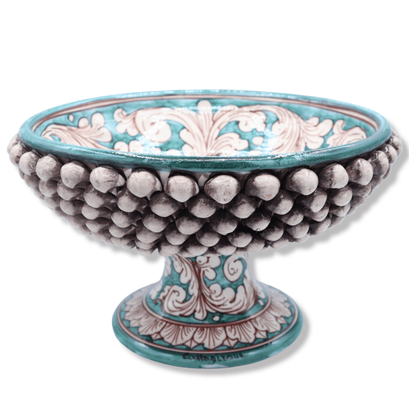 Alzata Pigna in ceramica di Caltagirone, Bianco anticato e verderame, decoro Barocco - Ø 32 cm, h 19 cm ca. Mod TD - 