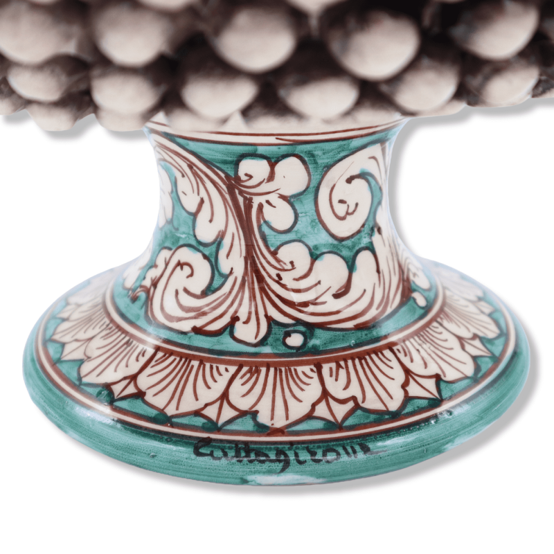 Présentoir à gâteaux Pigna en céramique de Caltagirone, blanc antique et vert-de-gris, décoration baroque - Ø 32 cm, h e