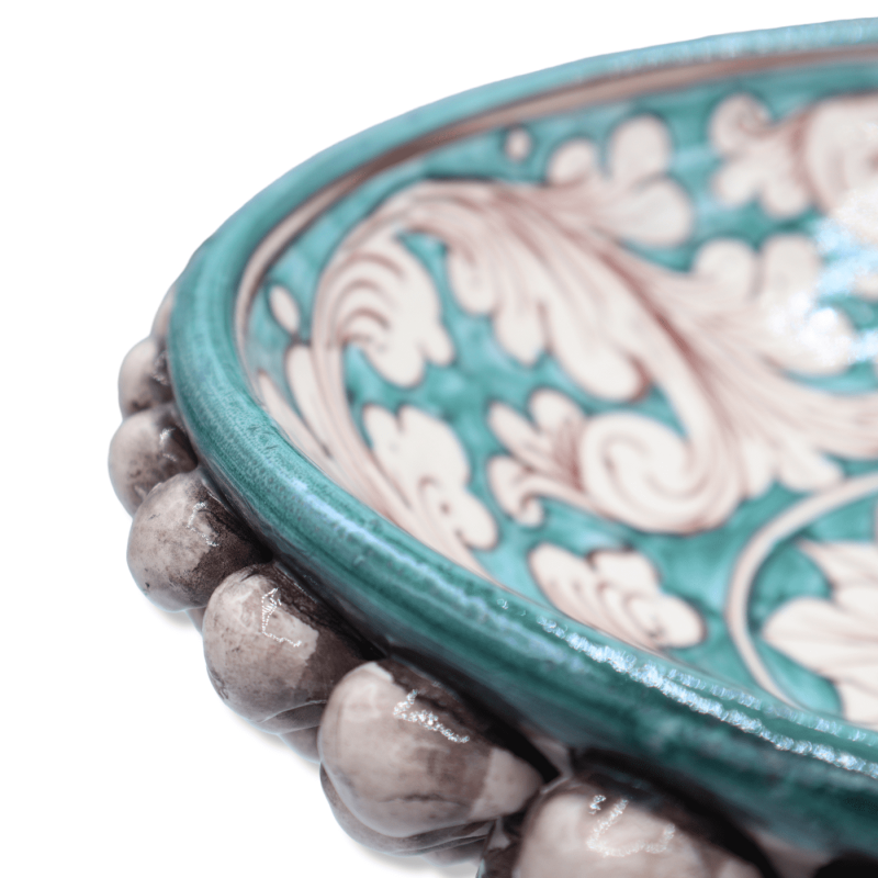 Alzata Pigna in ceramica di Caltagirone, Verderame e Bianco Anticato, decoro Barocco - Ø 32 cm, h 19 cm ca. Mod TD - 