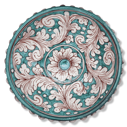 Alzata Pigna in ceramica di Caltagirone, Bianco anticato e verderame, decoro Barocco - Ø 32 cm, h 19 cm ca. Mod TD -  2