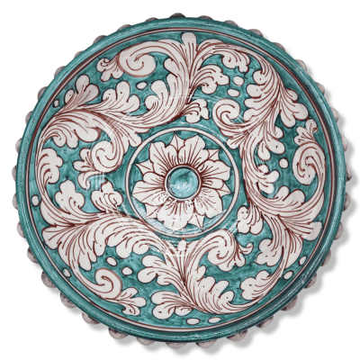 Pigna stand in Caltagirone ceramic, antique white and verdigris, Baroque decoration - Ø 32 cm, h 19 cm approx. Mod TD - 