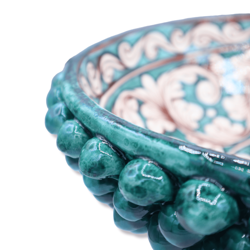 Soporte Pigna en cerámica Caltagirone, cardenillo y decoración barroca blanca envejecida - Ø 32 cm, h 19 cm aprox. Mod T