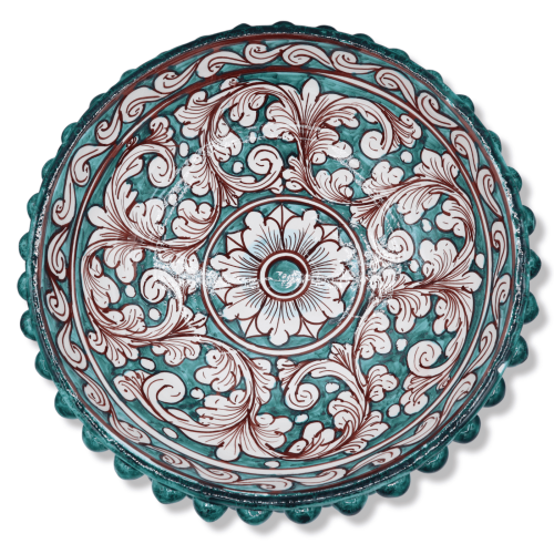 Alzata Pigna in ceramica di Caltagirone, Verderame e decoro Barocco bianco anticato - Ø 34 cm, h 20 cm ca. Mod TD -  2