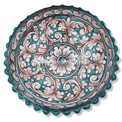 Soporte Pigna en cerámica Caltagirone, cardenillo y decoración barroca blanca envejecida - Ø 32 cm, h 19 cm aprox. Mod T