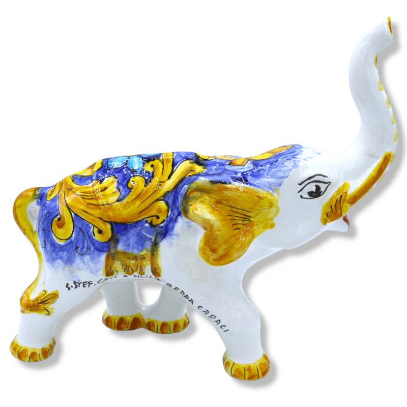 Elefante in Ceramica Siciliana, decoro barocco su fondo blu, h 28 x 30 L cm ca. Mod GR - 