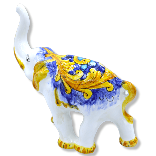 Elefante in Ceramica Siciliana, decoro barocco su fondo blu, h 28 x 30 L cm ca. Mod GR -  2