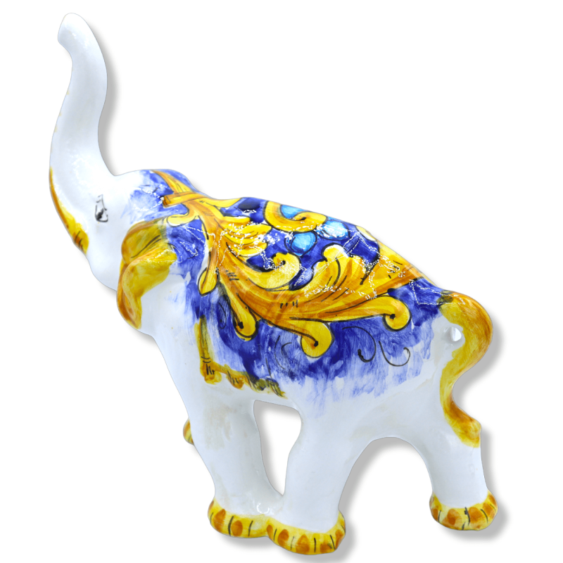 Elefante in Ceramica Siciliana, decoro barocco su fondo blu, h 28 x 30 L cm ca. Mod GR - 