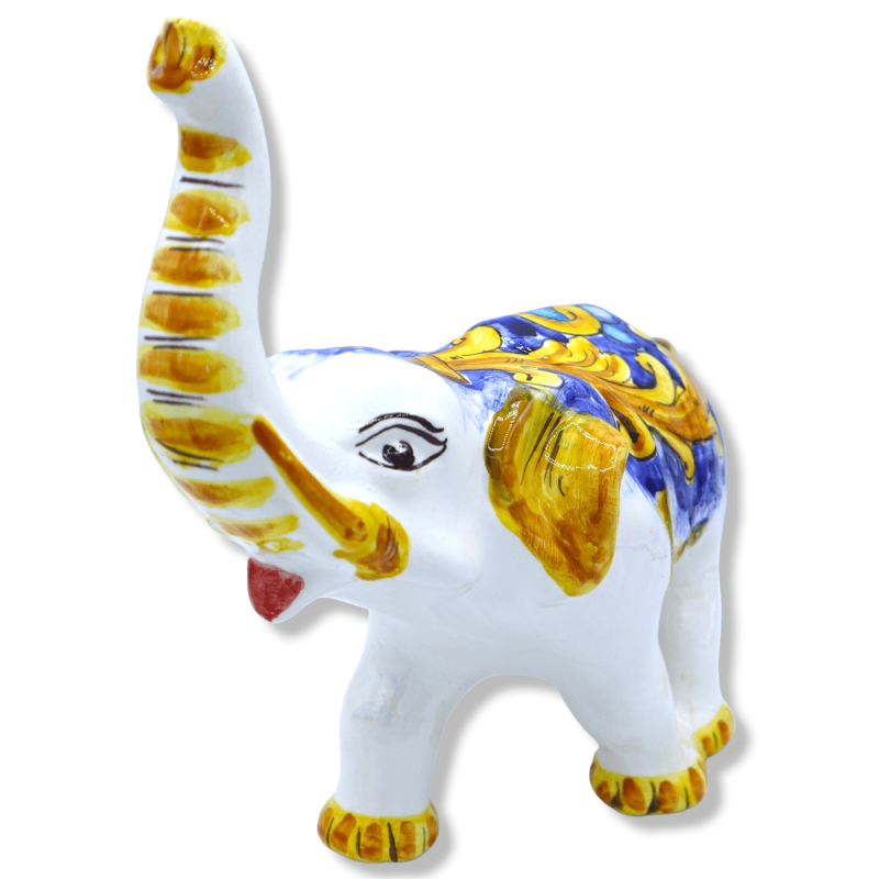 Elefante in Ceramica Siciliana, decoro barocco su fondo blu, h 28 x 30 L cm ca. Mod GR - 