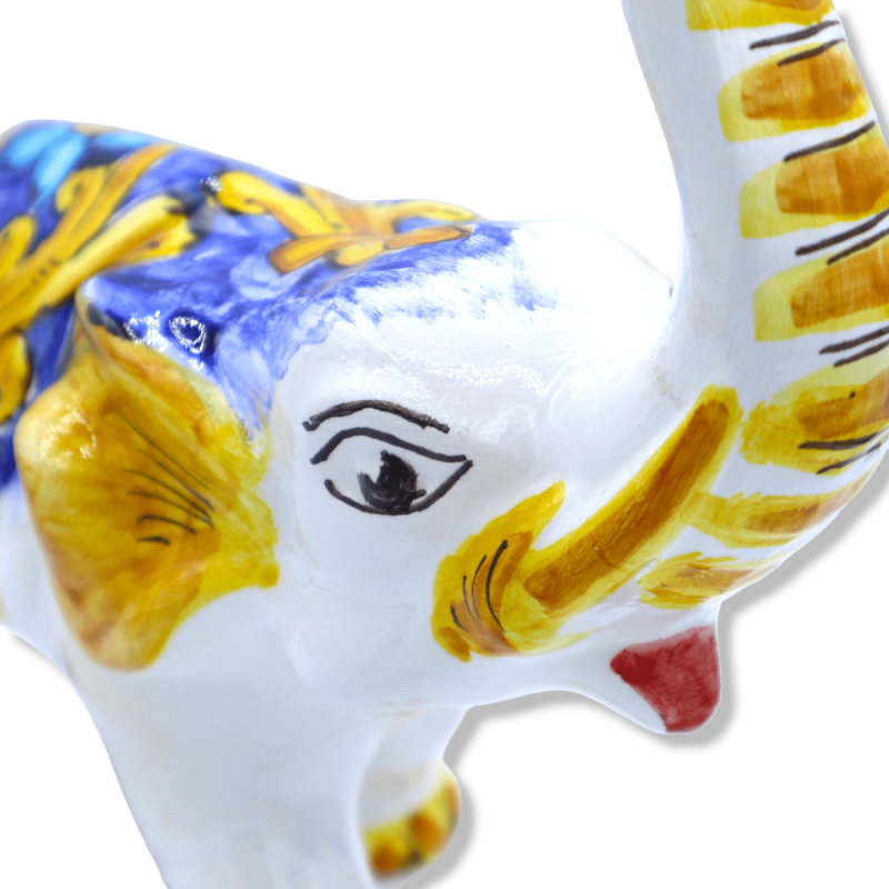Elefante in Ceramica Siciliana, decoro barocco su fondo blu, h 28 x 30 L cm ca. Mod GR - 