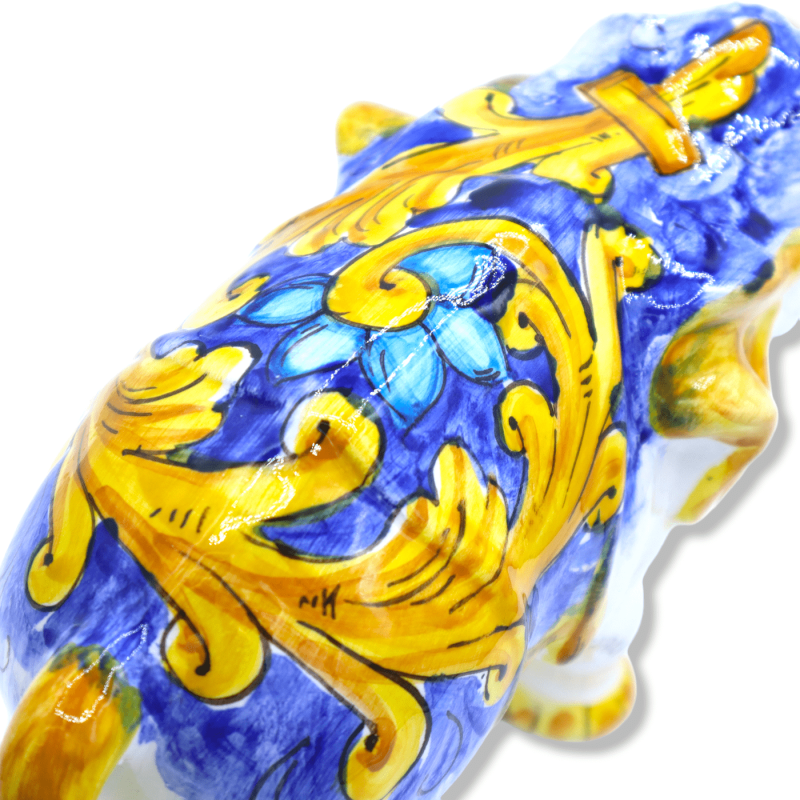 Elefante in Ceramica Siciliana, decoro barocco su fondo blu, h 28 x 30 L cm ca. Mod GR - 