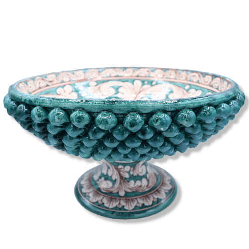 Alzata Pigna in ceramica di Caltagirone, Verderame e decoro Barocco bianco anticato - Ø 38 cm, h 21 cm ca. Mod TDS - 