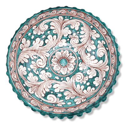 Pigna stand em cerâmica Caltagirone, verdete e decoração barroca branca antiga - Ø 38 cm, h 21 cm aprox. Mod TD - 
