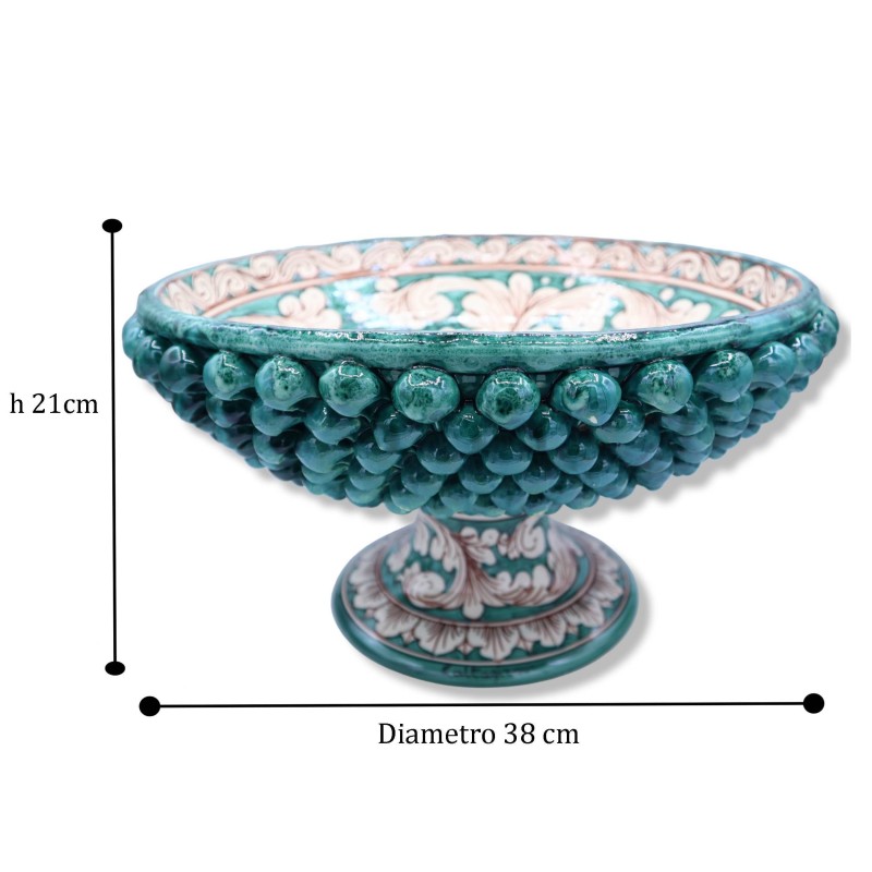Pigna stand em cerâmica Caltagirone, verdete e decoração barroca branca antiga - Ø 38 cm, h 21 cm aprox. Mod TD - 