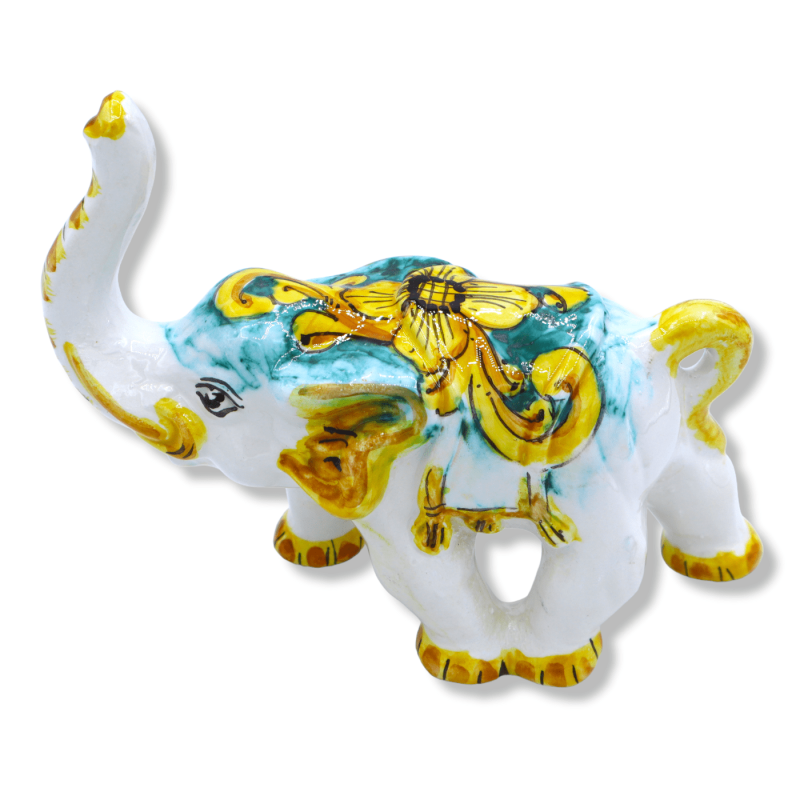 Elefante medio portafortuna in Ceramica Siciliana, decoro selezionabile, h 10 x 13 L cm ca. (1pz) Mod GR - 
