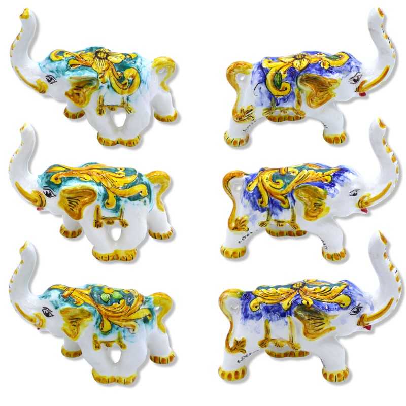 Elefante de la suerte mediano en cerámica siciliana, color seleccionable y decoración aleatoria, h 15 x 18 L cm aprox. (