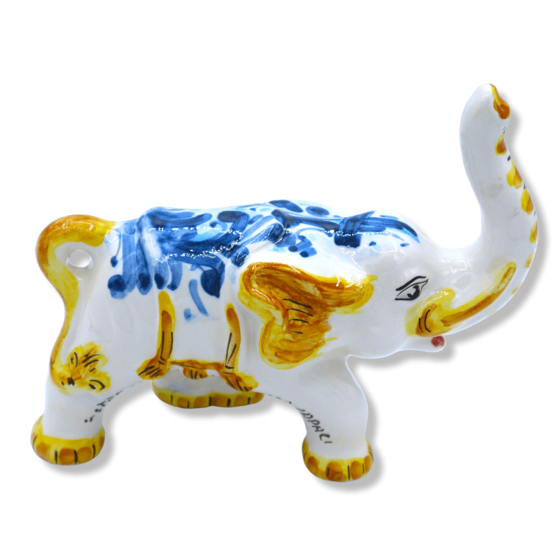 Elefante de la suerte mediano en cerámica siciliana, azul envejecido, decoración del siglo XVII, h 15 x 18 L cm aprox. M