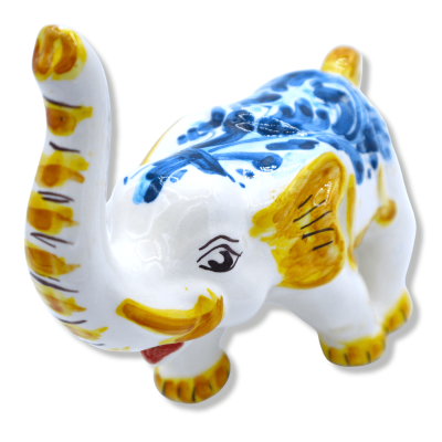 Elefante de la suerte mediano en cerámica siciliana, azul envejecido, decoración del siglo XVII, h 15 x 18 L cm aprox. M