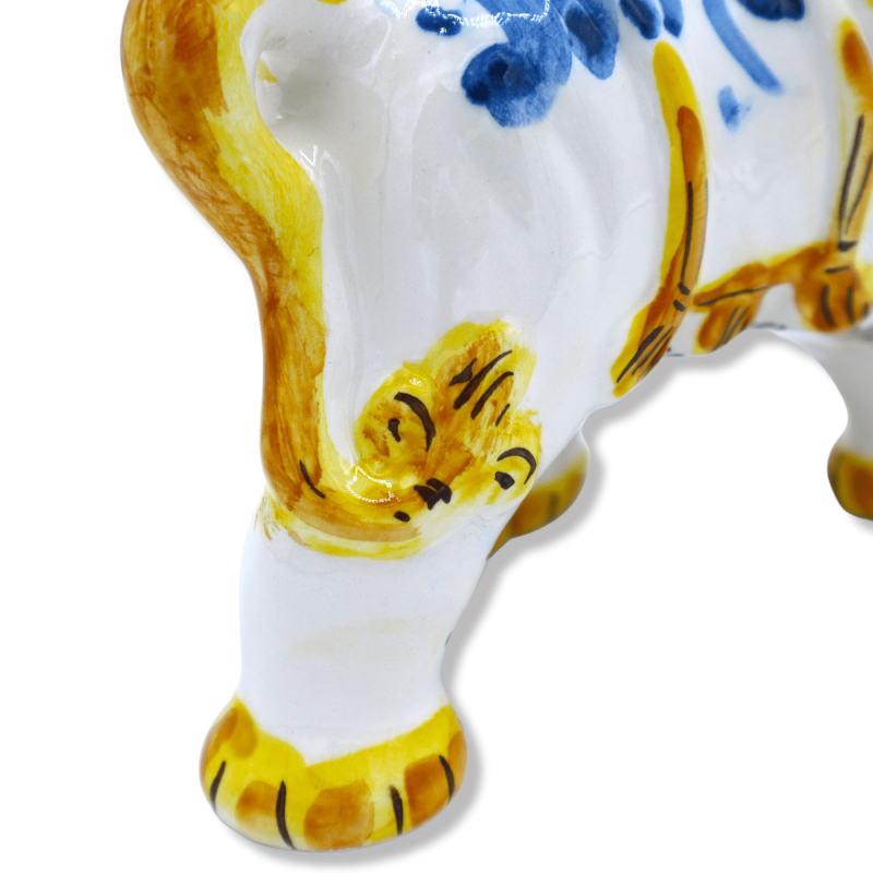 Medium lucky elephant in Sicilian ceramics, antiqued blue, 17th century decoration, h 15 x 18 L cm approx. Mod GR - 