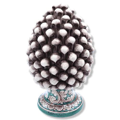 Pomme de pin en céramique Caltagirone avec 2 options de taille (1pc) Tige vert-de-gris blanc antique et décoration baroq