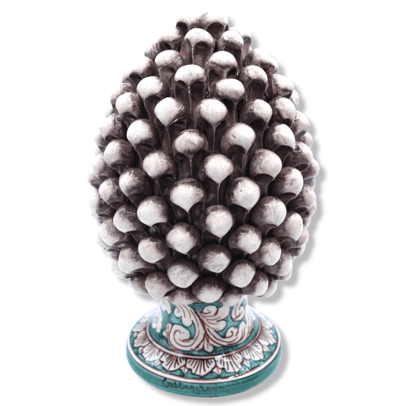 Caltagirone ceramic pine cone in Antiqued White color verdigris stem with white baroque decoration - in Various sizes (1