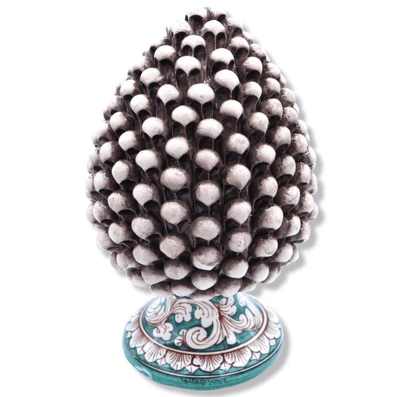 Piña de pino de cerámica Caltagirone en tallo cardenillo color Blanco Envejecido con decoración barroca blanca - en Vari