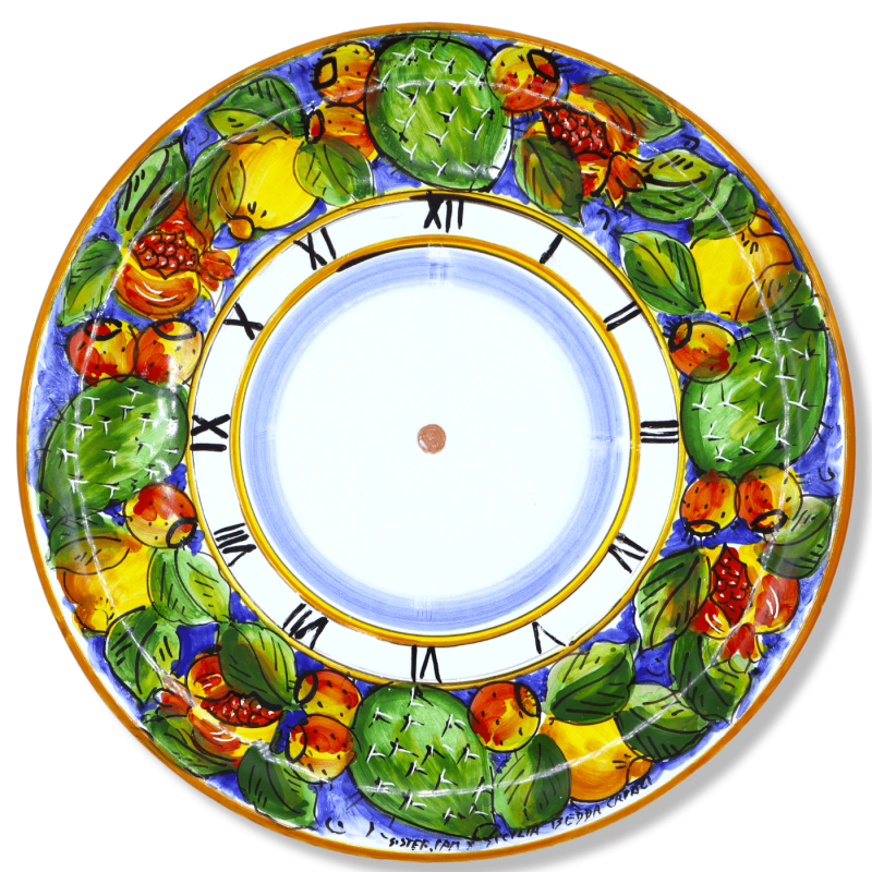 Orologio in ceramica siciliana - Ø 30 cm ca. Completo di Ingranaggio, Blu con decoro limoni e melograni - 
