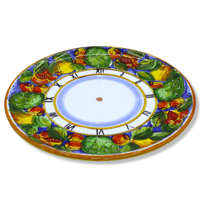 Orologio in ceramica siciliana - Ø 30 cm ca. Completo di Ingranaggio, Blu con decoro limoni e melograni - 