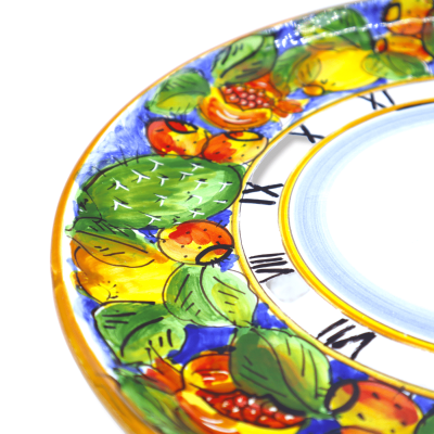 Horloge sicilienne en céramique - Ø environ 30 cm Complet avec équipement, bleu avec décoration citron et grenade - 