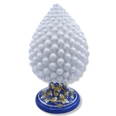 Pomme de pin sicilienne en céramique de Caltagirone, d'environ 40 cm de hauteur. Blanche, avec une tige décorée de style
