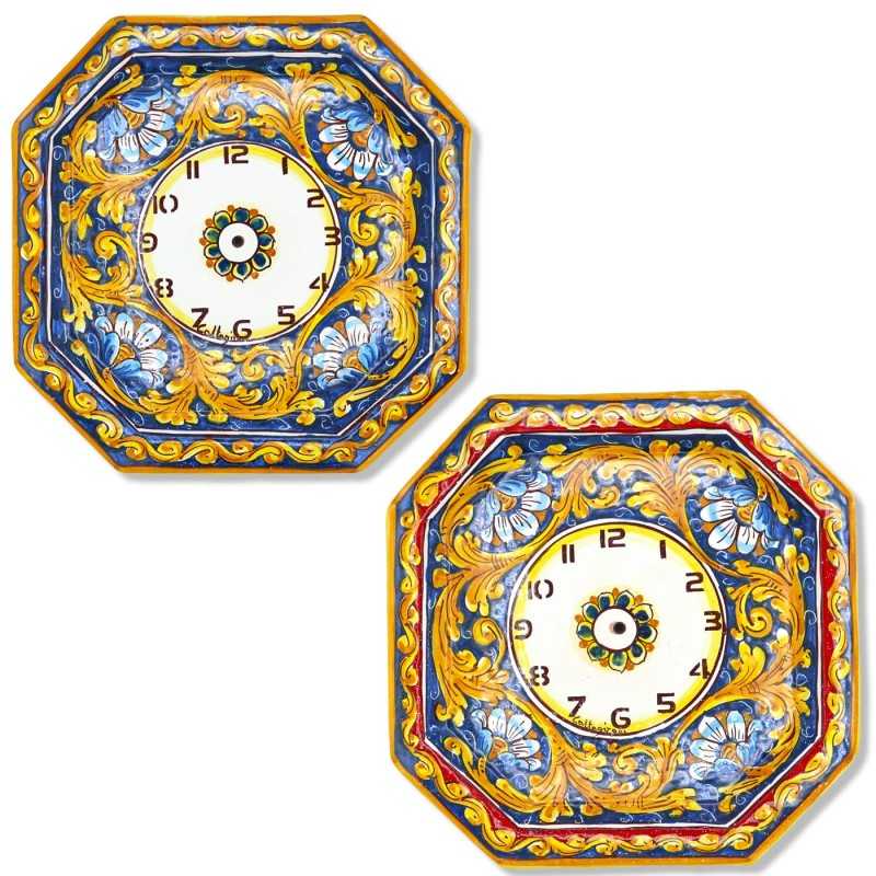 Horloge octogonale en céramique Caltagirone - L 30 cm env. Avec engrenage, décoration baroque bleue et fleurs (1pc) - 