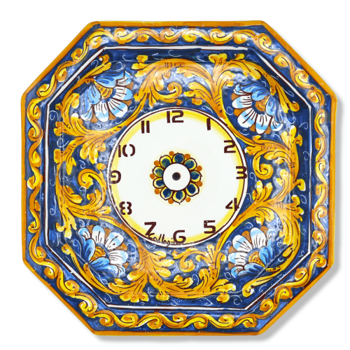 Reloj octogonal de cerámica Caltagirone - L 30 cm aprox. Con Gear, decoración barroca azul y flores (1ud) -  2