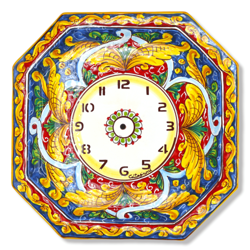 Achteckige Uhr aus Caltagirone-Keramik – ca. L 30 cm. Komplett mit Ausrüstung, blauer und roter Barockdekoration -
