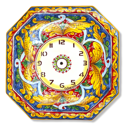 Orologio ottagonale in ceramica Caltagirone, L 30 cm ca. Completo di Ingranaggio, decoro barocco blu e rosso - 