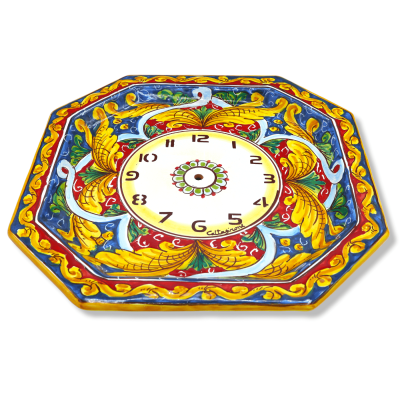 Orologio ottagonale in ceramica Caltagirone, L 30 cm ca. Completo di Ingranaggio, decoro barocco blu e rosso - 