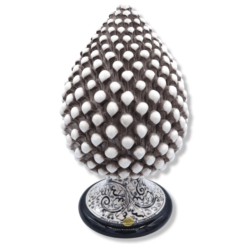 Sicilian pine cone in Caltagirone antique white ceramic, approx. 40 cm high, stem with baroque decoration and black back