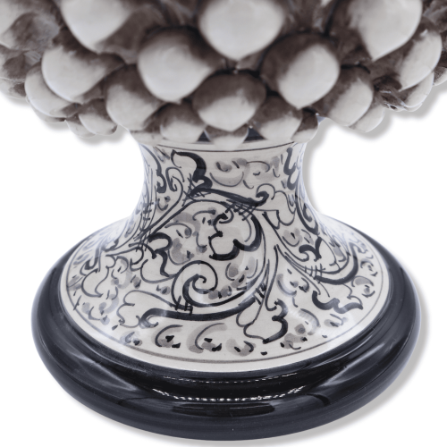 Sicilian pine cone in Caltagirone antique white ceramic, approx. 40 cm high, stem with baroque decoration and black back 2