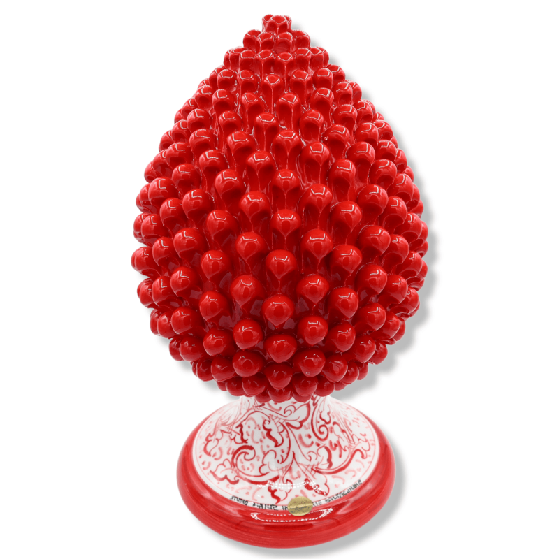 Pomme de pin sicilienne en céramique de Caltagirone, rouge avec tige à décor baroque sur fond blanc, environ h 40 cm. Mo