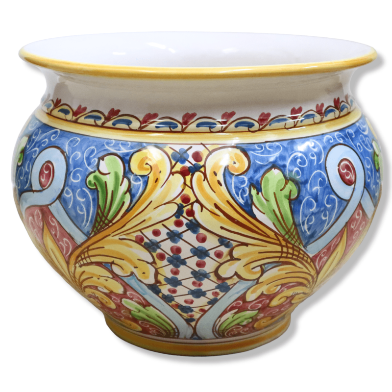 Cachepot Maceta para plantas en cerámica Caltagirone, decoración barroca sobre fondo azul y rojo, disponible en varios t