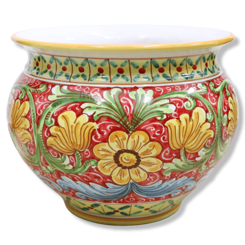 Cachepot Caltagirone Keramik-Pflanztopf, Barockdekoration und Blumen auf rotem Hintergrund, mit 5 Größenoptionen (1 Stüc