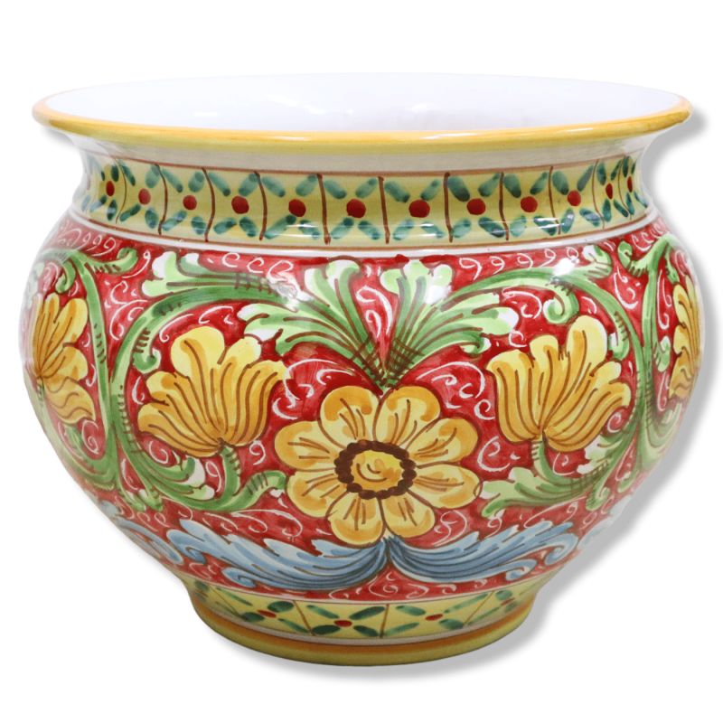 Cachepot Maceta para plantas en cerámica Caltagirone, decoración barroca y flores sobre fondo rojo, disponible en varios