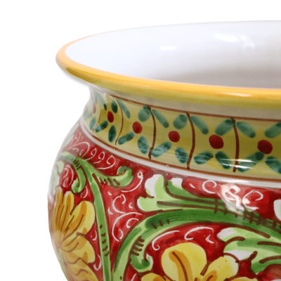Cachepot Vaso per piante in ceramica Caltagirone, decoro Barocco e fiori su fondo rosso, con 5 opzioni dimensione (1Unit