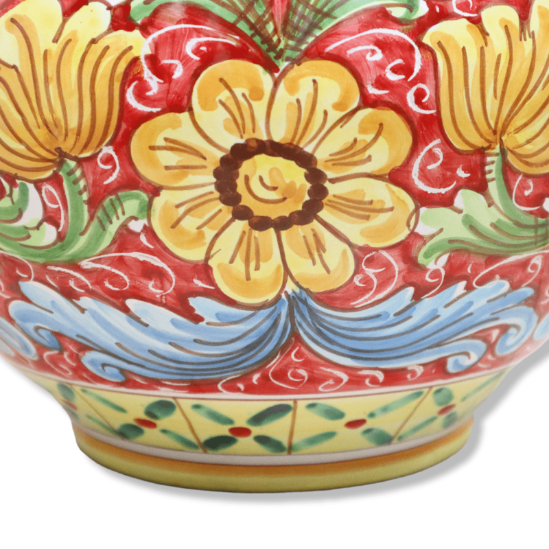 Cachepot Vaso para plantas em cerâmica Caltagirone, decoração barroca e flores sobre fundo vermelho, disponível em vário