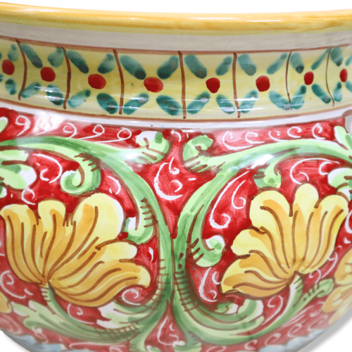 Cachepot Vaso per piante in ceramica Caltagirone, decoro Barocco e fiori su fondo rosso, con 5 opzioni dimensione (1Unit 2