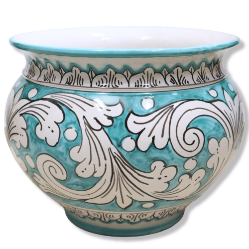 Cachepot Caltagirone ceramic plant pot, white Baroque decoration on verdigris background, in various sizes - Mod BR - 