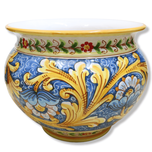 Cachepot Caltagirone ceramic plant pot, Baroque decoration with flowers on a blue background, available in various sizes