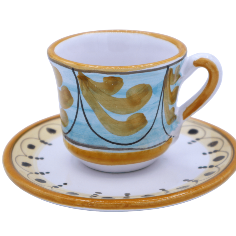 Tazzina da caffè in pregiata ceramica Siciliana, decoro '600 su fondo celeste  - h 5 cm ca. Mod NL - 