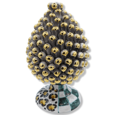 Pigna siciliana Caltagirone serie Èlite, h 25 cm ca. Bianco Antico e gambo decoro Moderno, smalto in Oro Zecchino - 