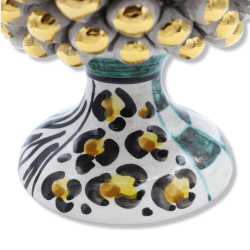 Pigna siciliana Caltagirone serie Èlite, h 25 cm ca. Bianco Antico e gambo decoro Moderno, smalto in Oro Zecchino -  2