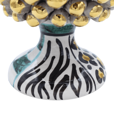 Pomme de pin sicilienne Caltagirone série Elite, tige blanc antique et multi-décorée, émail Pure Gold, h environ 25 cm. 
