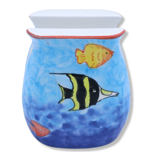Hand painted Sicilian ceramic napkin holder depicting a marine scene, h 11 cm x L 10 cm approx. -